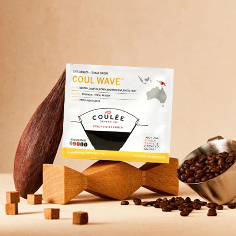 Flat coffee pouch artwork reference for a portion pack